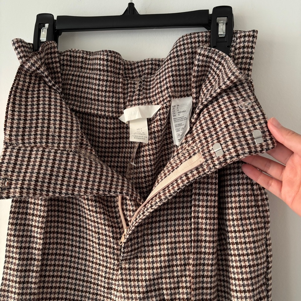 H&M high waisted Paperbag Waist Trousers Brown Houndstooth check belted Size 4 - Picture 4 of 7